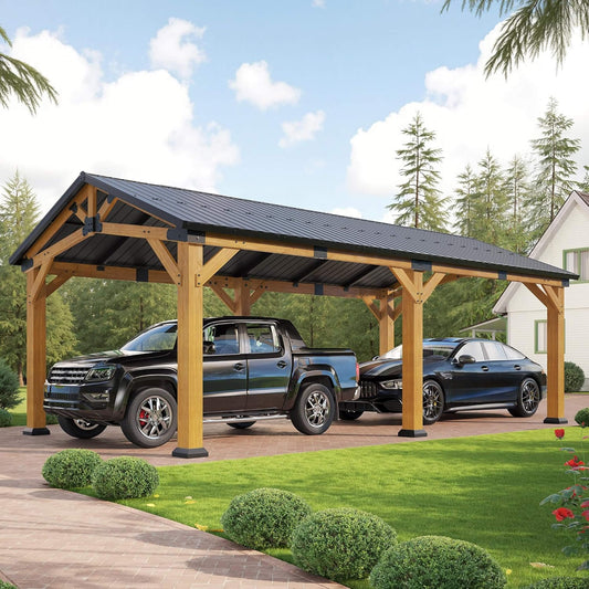 12' x 24' FT Alora Large Heavy-Duty Outdoor Cedar Wood Hardtop Carport With Galvanized Steel Roof