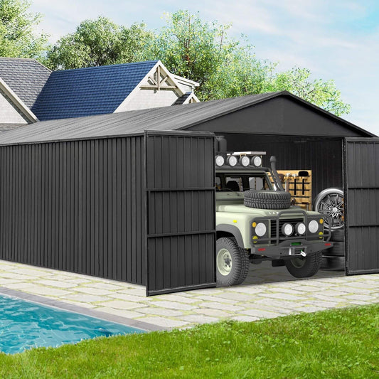 12' x 25' FT Alora Extra Large Heavy-Duty Outdoor Metal Carport Garage Shed With Lockable Double Hinged Doors
