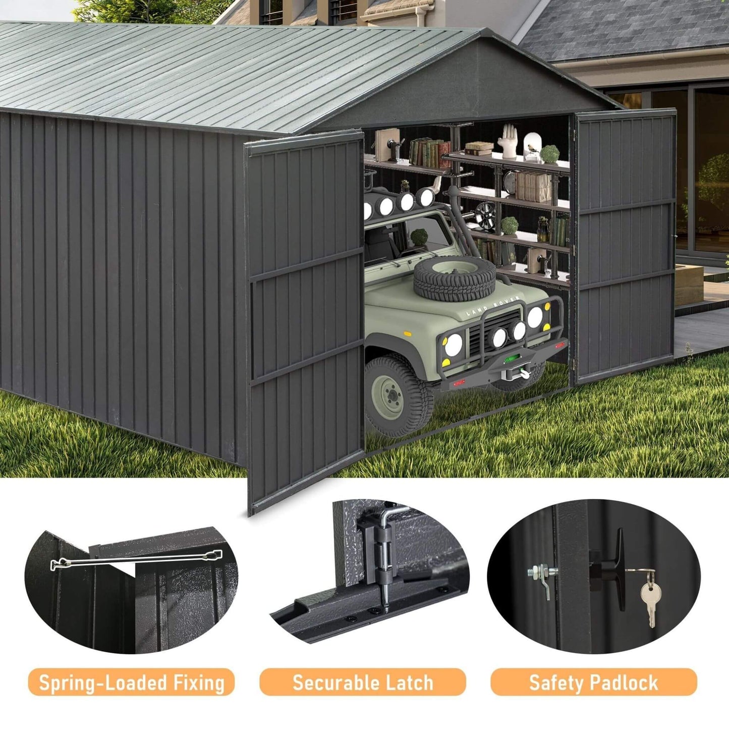 12' x 25' FT Alora Extra Large Heavy-Duty Outdoor Metal Carport Garage Shed With Lockable Double Hinged Doors