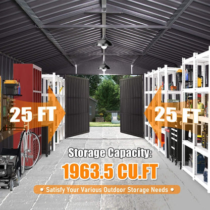 12' x 25' FT Alora Extra Large Heavy-Duty Outdoor Metal Carport Garage Shed With Lockable Double Hinged Doors