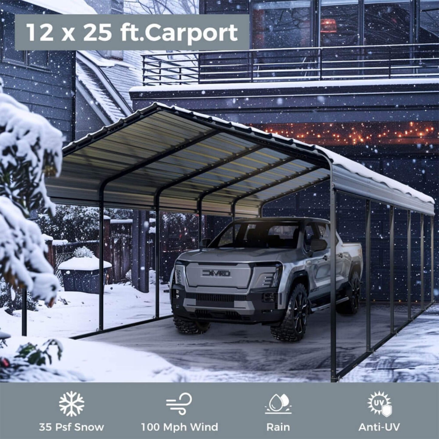 12' x 25' FT Alora Heavy Duty Extra Large Multi Vehicle Carport Kit With Galvanized Steel Roof