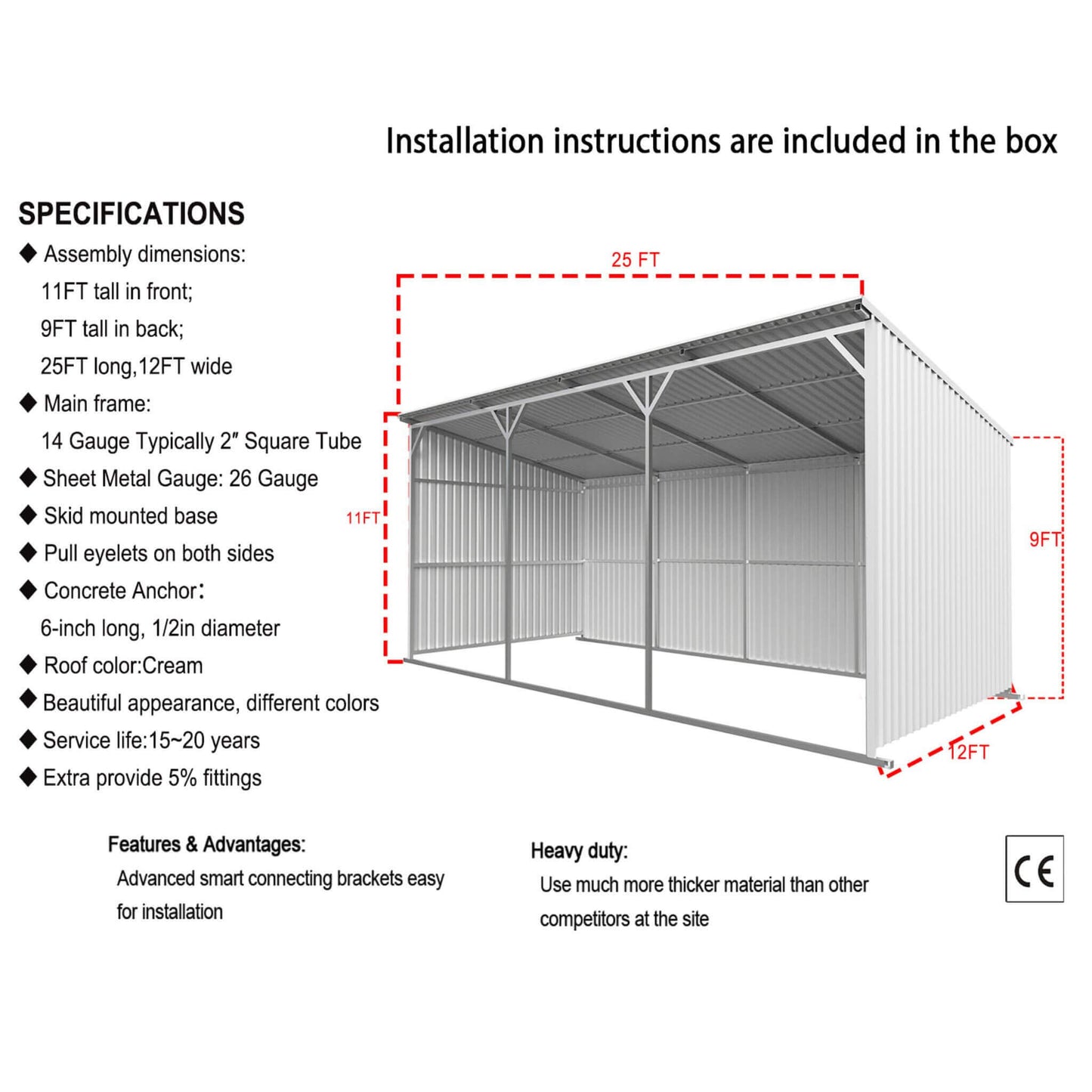 12FT x 25FT Heavy-Duty Galvanized Steel Storage Equipment Shed