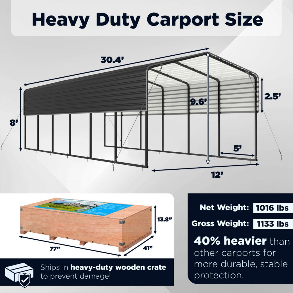12FT x 30FT Metal Carport with Corrugated Roof