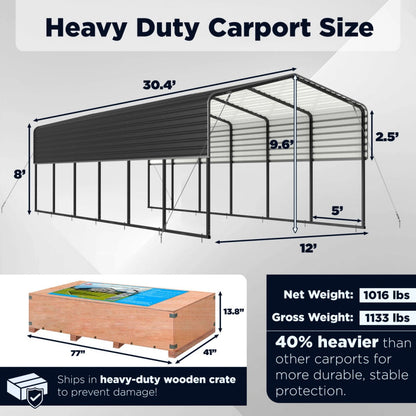 12FT x 30FT Metal Carport with Corrugated Roof