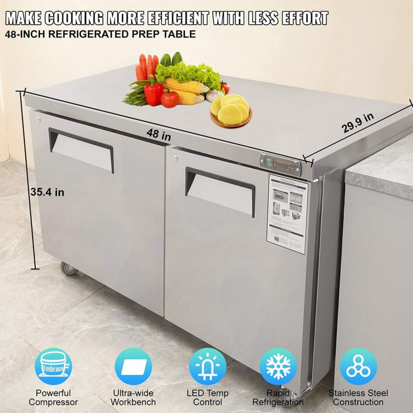 12.9 Cu.Ft 2-Door Commercial Stainless Steel Worktop Undercounter Refrigerator, 48"