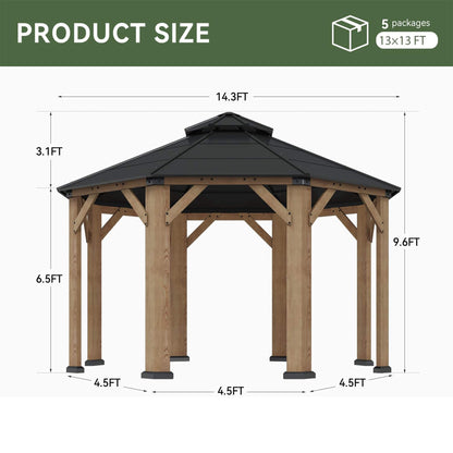 13FT X 13FT Alora Cedar Wood Galvanized Steel Octagonal Hardtop Double Roof Gazebo