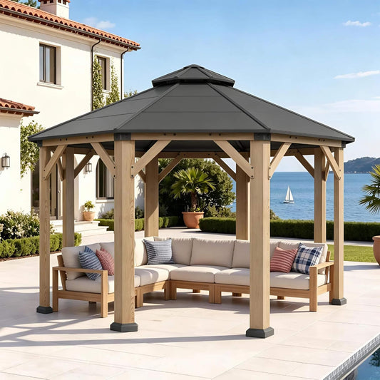 13FT X 13FT Alora Cedar Wood Galvanized Steel Octagonal Hardtop Double Roof Gazebo