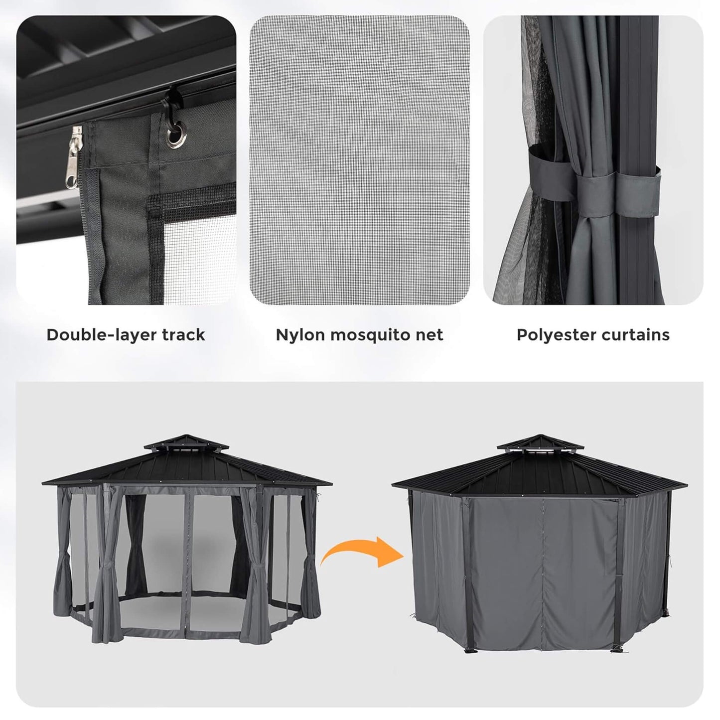 13FT X 15FT Alora Hardtop Hexagonal Gazebo with Curtains and Netting