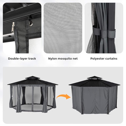 13FT X 15FT Alora Hardtop Hexagonal Gazebo with Curtains and Netting