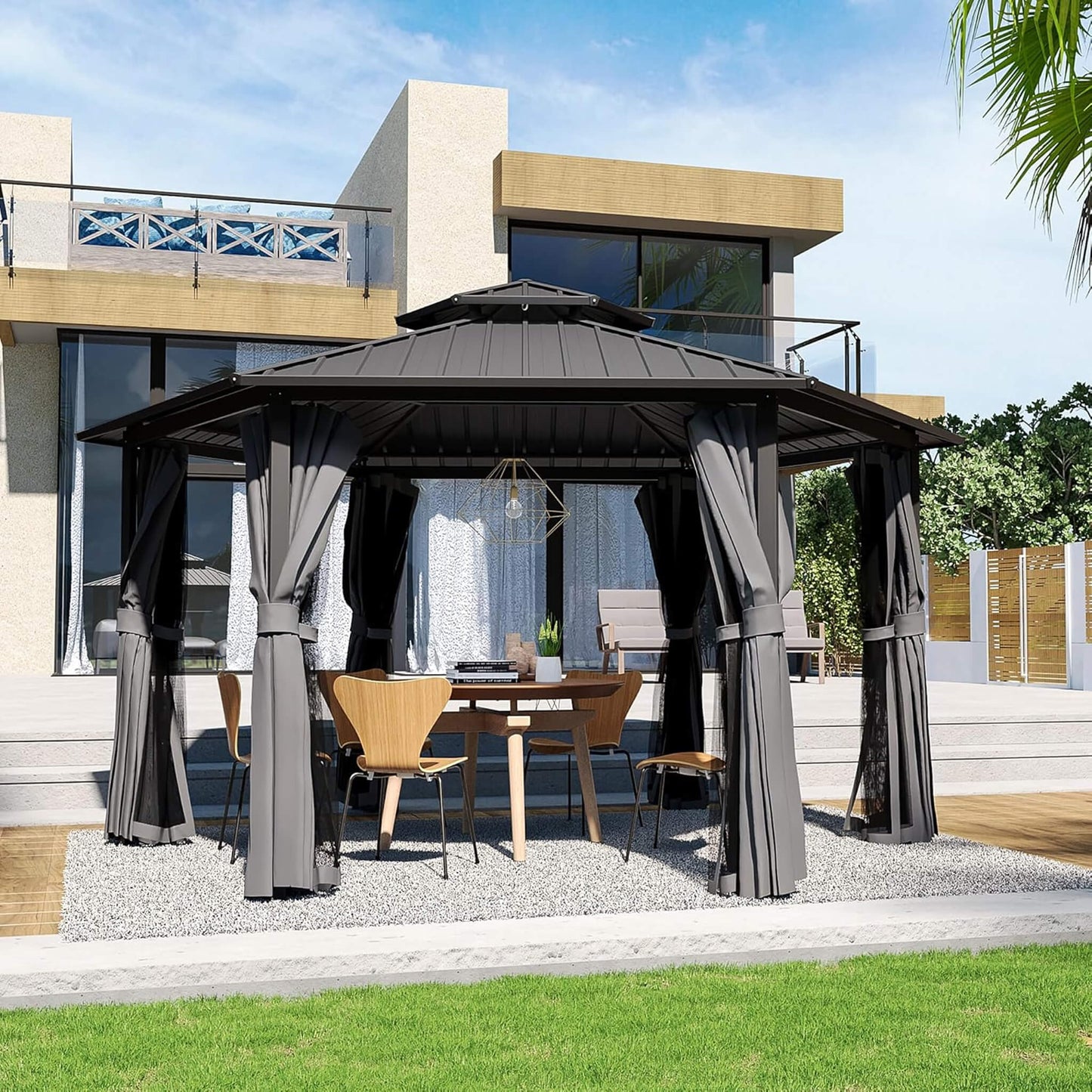 13FT X 15FT Alora Hardtop Hexagonal Gazebo with Curtains and Netting