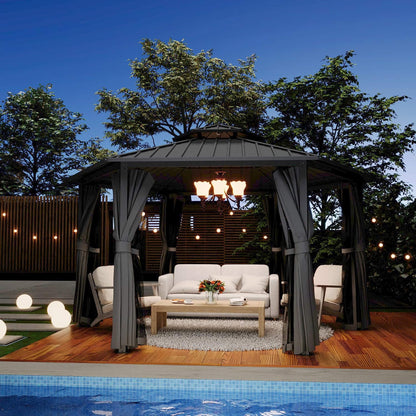 13FT X 15FT Alora Hardtop Hexagonal Gazebo with Curtains and Netting