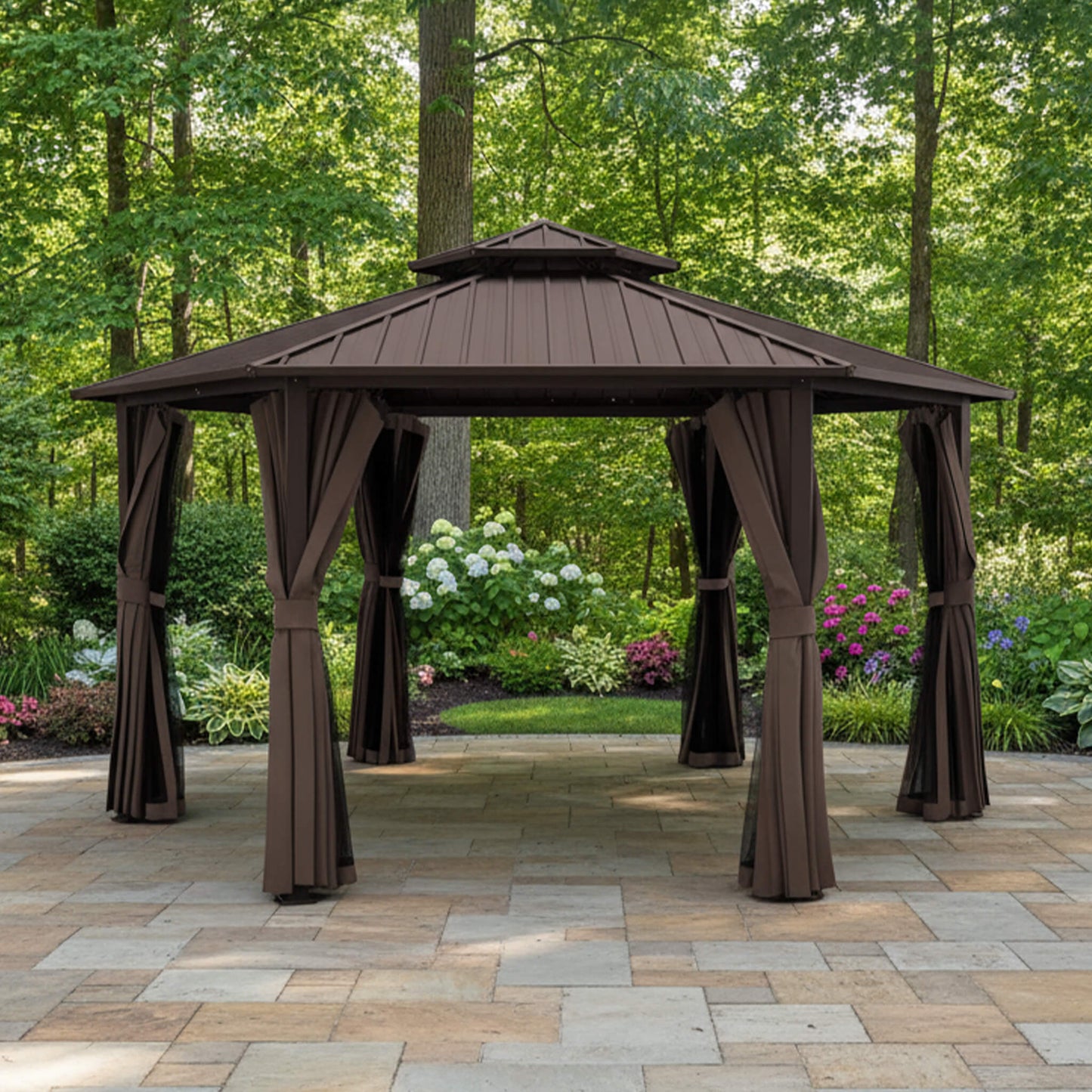 13FT X 15FT Alora Hardtop Hexagonal Gazebo with Curtains and Netting