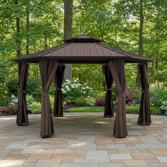 13FT X 15FT Alora Hardtop Hexagonal Gazebo with Curtains and Netting