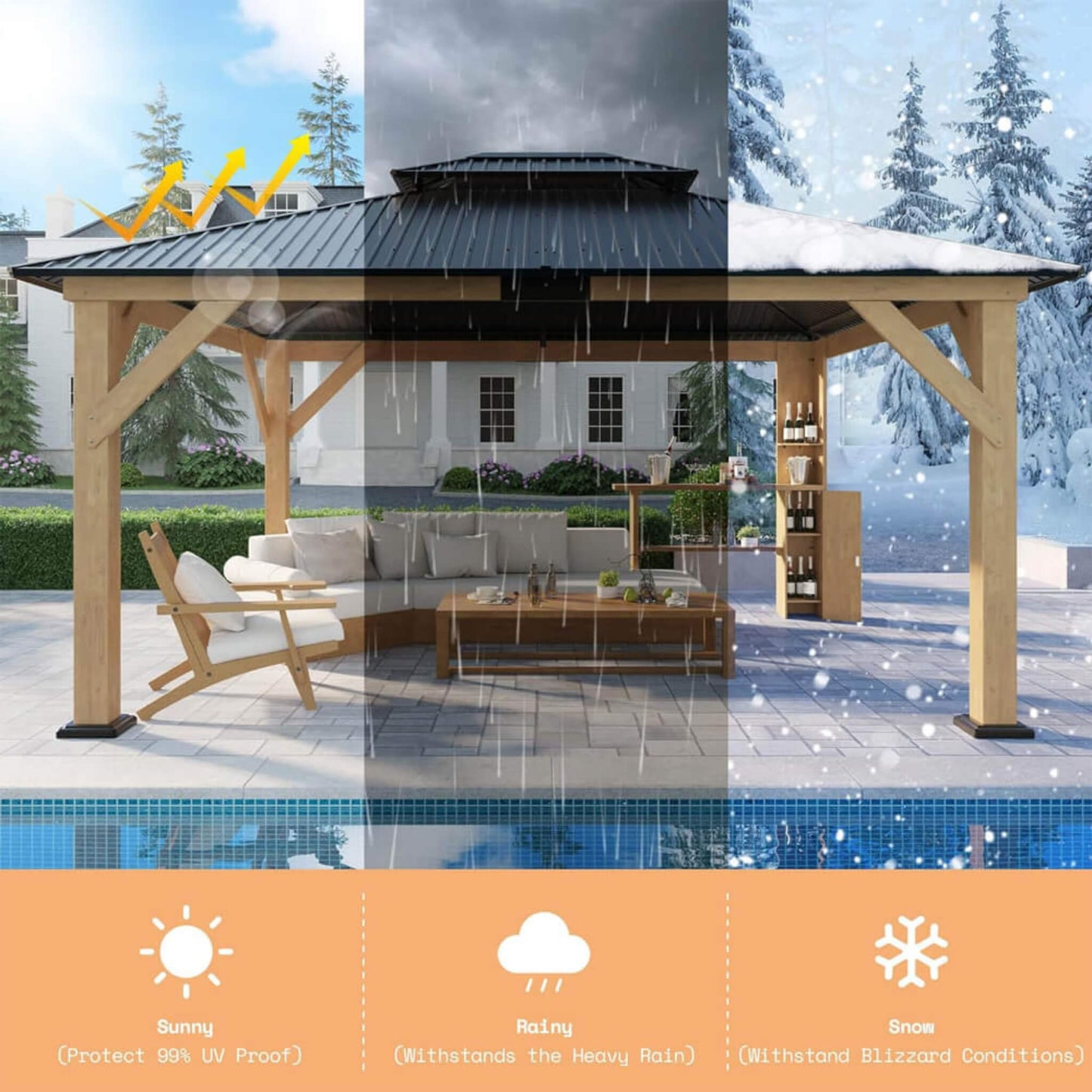 13' x 15' Alora Premium Outdoor All-Season Wooden Cedar Hardtop Gazebo Carport With Double Iron Roof