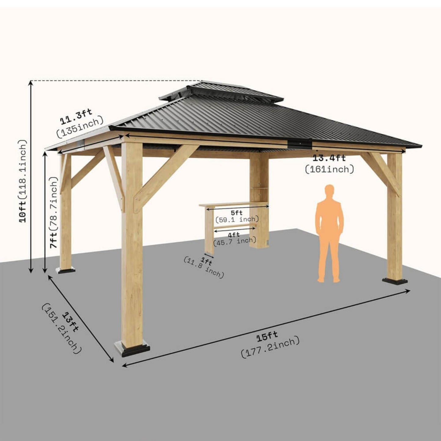 13' x 15' Alora Premium Outdoor All-Season Wooden Cedar Hardtop Gazebo Carport With Double Iron Roof
