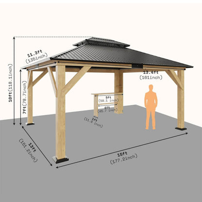13' x 15' Alora Premium Outdoor All-Season Wooden Cedar Hardtop Gazebo Carport With Double Iron Roof