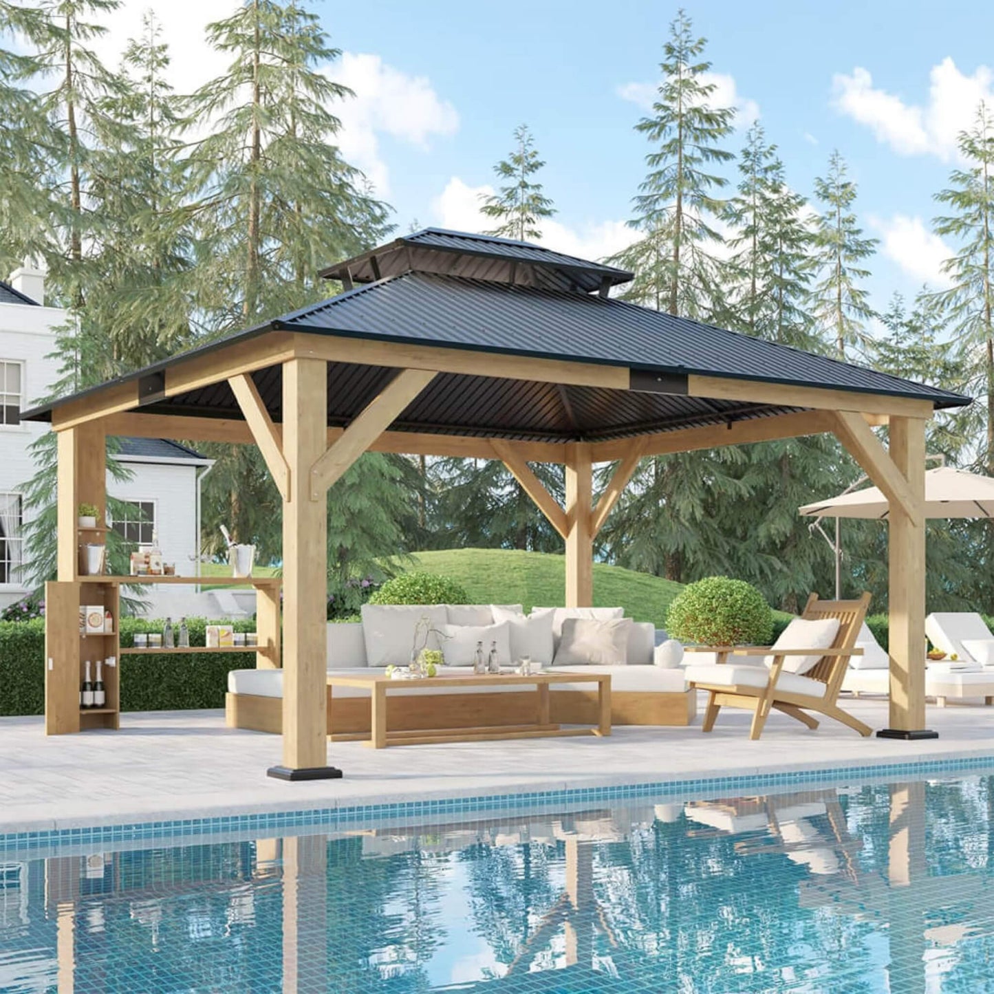 13' x 15' Alora Premium Outdoor All-Season Wooden Cedar Hardtop Gazebo Carport With Double Iron Roof