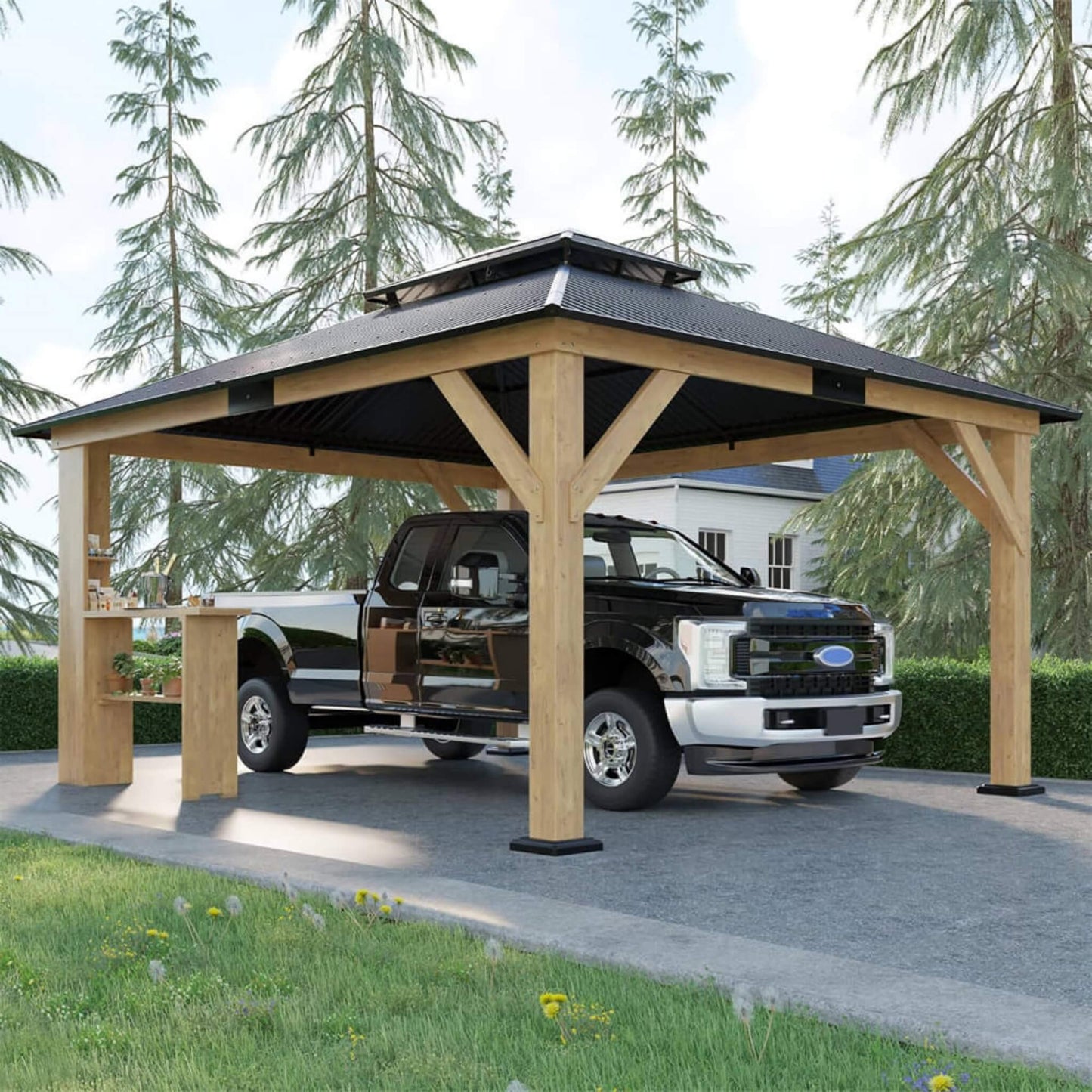 13' x 15' Alora Premium Outdoor All-Season Wooden Cedar Hardtop Gazebo Carport With Double Iron Roof