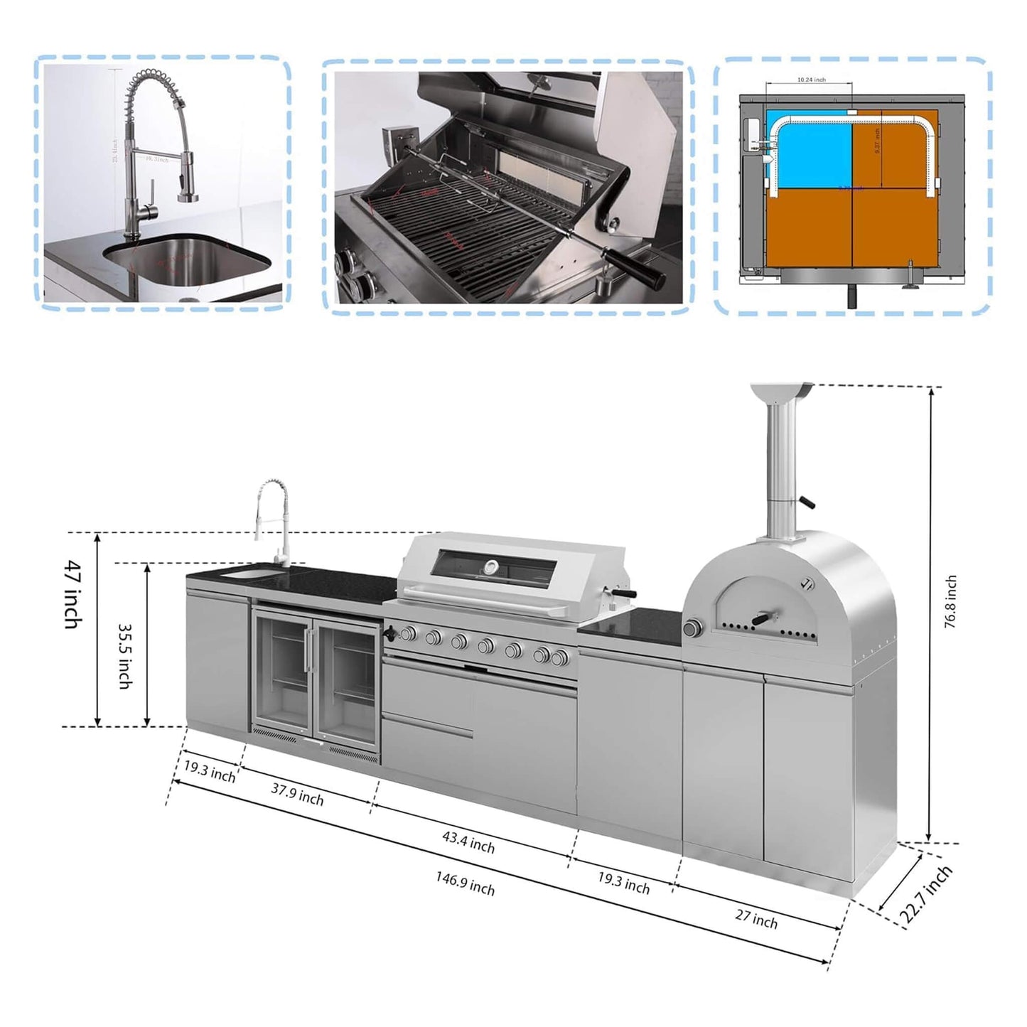 Blazon 147-Inch 6-Burner 120K BTU Outdoor Kitchen Island with Pizza Oven, Rotisserie & Refrigerator