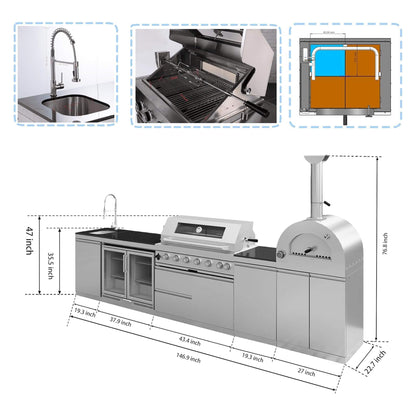 Blazon 147-Inch 6-Burner 120K BTU Outdoor Kitchen Island with Pizza Oven, Rotisserie & Refrigerator