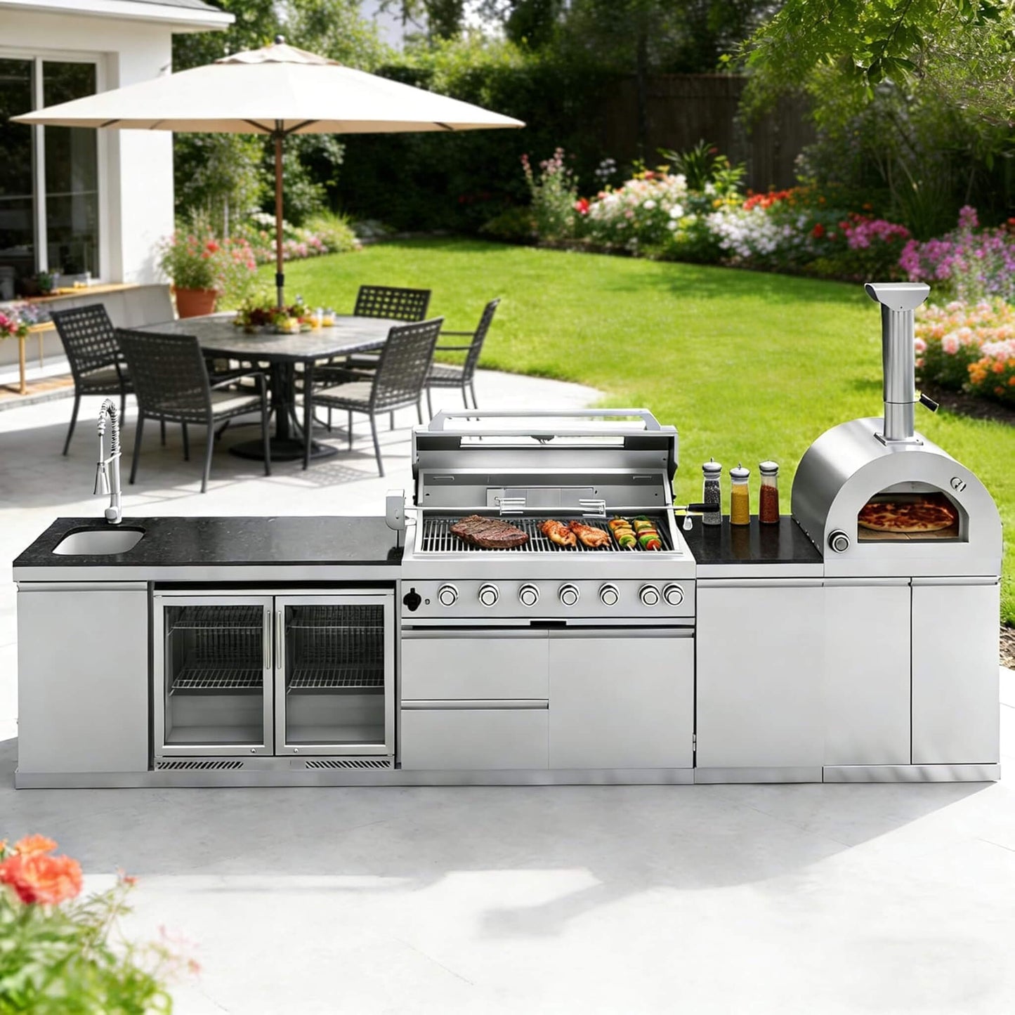 Blazon 147-Inch 6-Burner 120K BTU Outdoor Kitchen Island with Pizza Oven, Rotisserie & Refrigerator