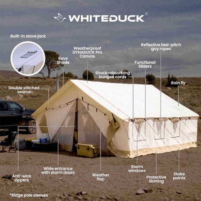 14FT x 16FT White Duck Alpha Wall Tent with Heavy-Duty Frame and Bug Mesh Windows