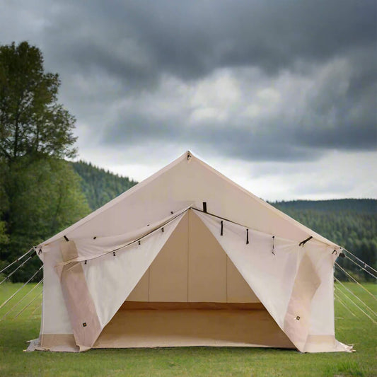 14FT x 16FT White Duck Alpha Wall Tent with Heavy-Duty Frame and Bug Mesh Windows