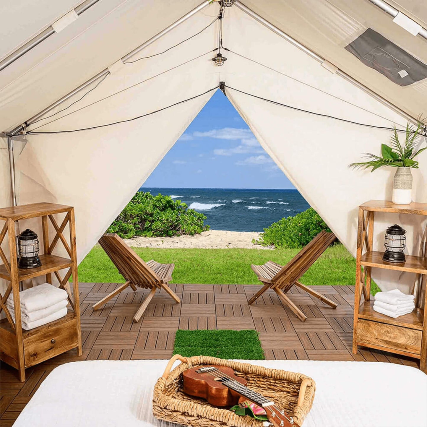 14FT x 16FT White Duck Alpha Wall Tent with Heavy-Duty Frame and Bug Mesh Windows