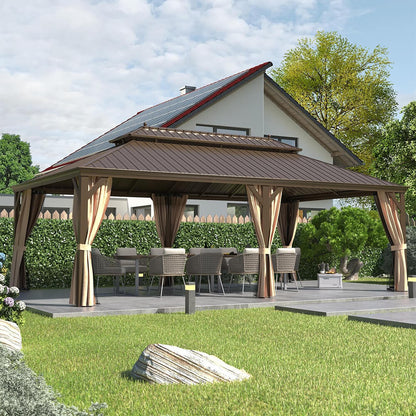 14' x 24' Alora Heavy-Duty Aluminum Galvanized Steel Double Roof Hardtop Gazebo With Netting And Curtains