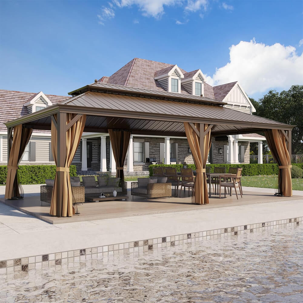 14' x 24' Alora Heavy-Duty Aluminum Galvanized Steel Double Roof Hardtop Gazebo With Netting And Curtains