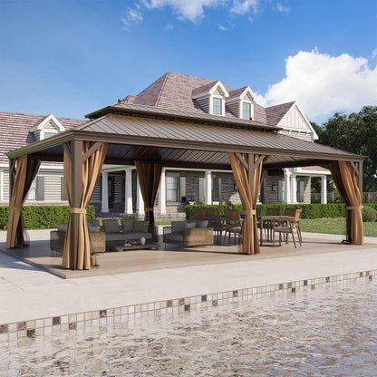 14' x 24' Alora Heavy-Duty Aluminum Galvanized Steel Double Roof Hardtop Gazebo With Netting And Curtains