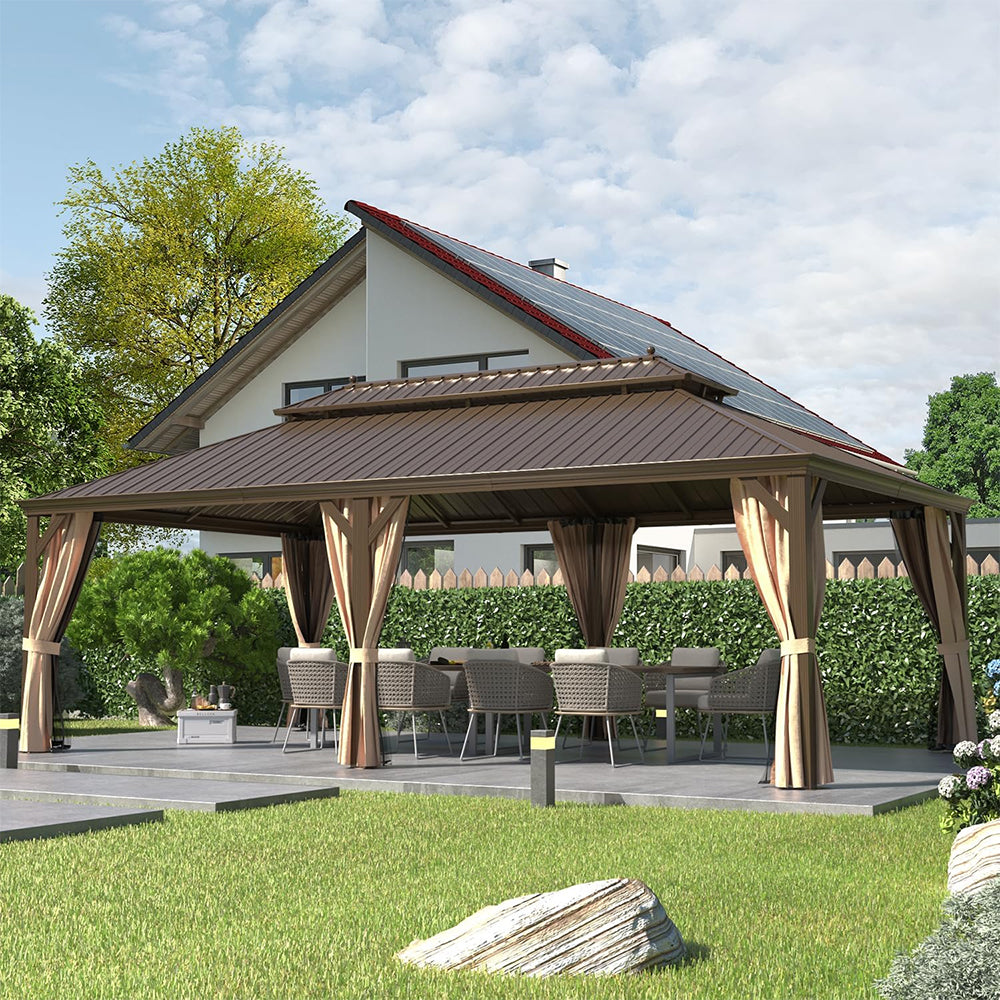 14' x 24' Alora Heavy-Duty Aluminum Galvanized Steel Double Roof Hardtop Gazebo With Netting And Curtains