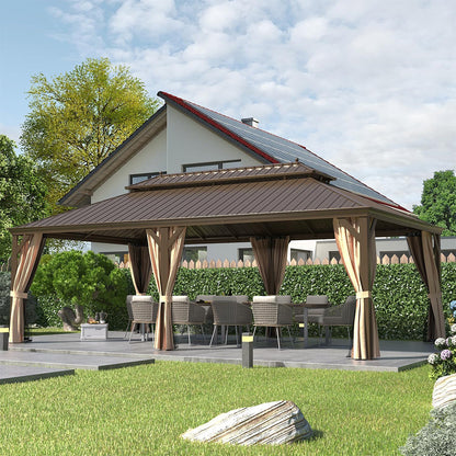 14' x 24' Alora Heavy-Duty Aluminum Galvanized Steel Double Roof Hardtop Gazebo With Netting And Curtains
