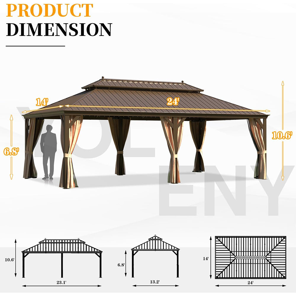 14' x 24' Alora Heavy-Duty Aluminum Galvanized Steel Double Roof Hardtop Gazebo With Netting And Curtains