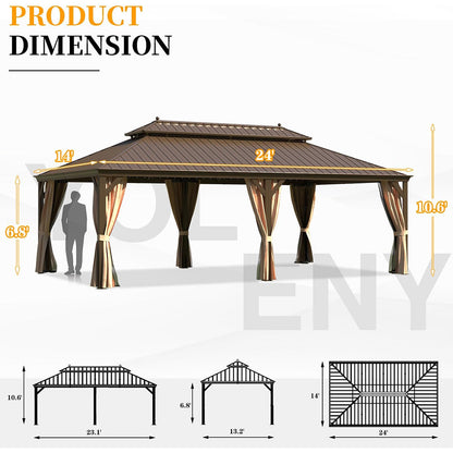 14' x 24' Alora Heavy-Duty Aluminum Galvanized Steel Double Roof Hardtop Gazebo With Netting And Curtains