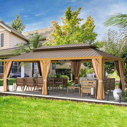 14' x 24' Alora Heavy-Duty Aluminum Galvanized Steel Double Roof Hardtop Gazebo With Netting And Curtains
