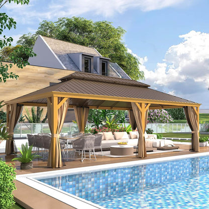 14' x 24' Alora Heavy-Duty Aluminum Galvanized Steel Double Roof Hardtop Gazebo With Netting And Curtains