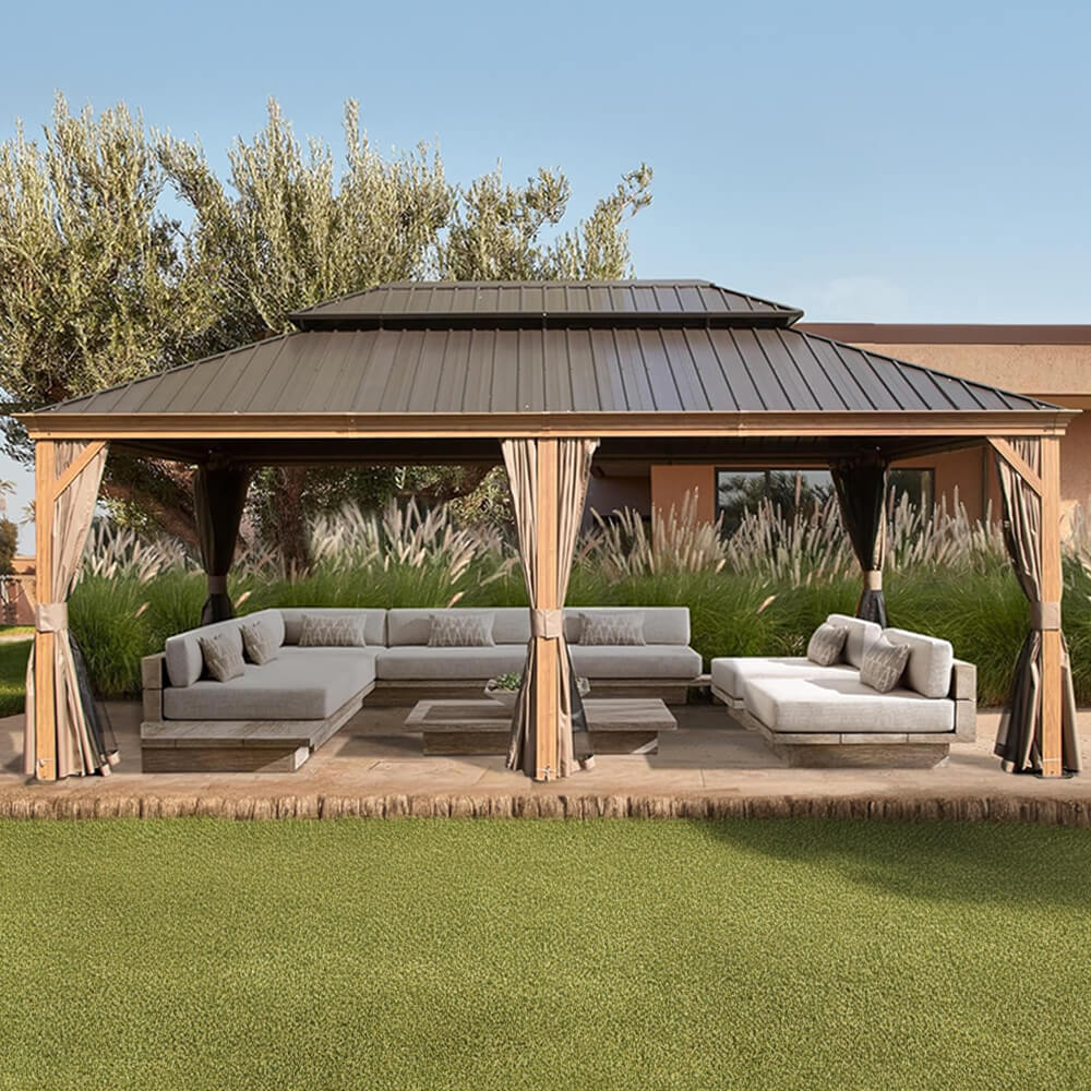 14' x 24' Alora Heavy-Duty Aluminum Galvanized Steel Double Roof Hardtop Gazebo With Netting And Curtains