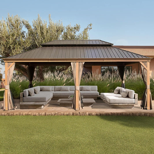 14' x 24' Alora Heavy-Duty Aluminum Galvanized Steel Double Roof Hardtop Gazebo With Netting And Curtains