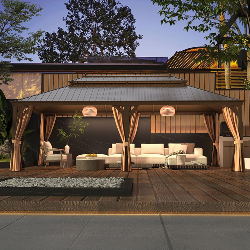 14' x 24' Alora Heavy-Duty Aluminum Galvanized Steel Double Roof Hardtop Gazebo With Netting And Curtains