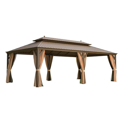 14' x 24' Alora Heavy-Duty Aluminum Galvanized Steel Double Roof Hardtop Gazebo With Netting And Curtains