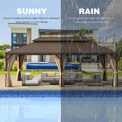 14' x 24' Alora Heavy-Duty Aluminum Galvanized Steel Double Roof Hardtop Gazebo With Netting And Curtains