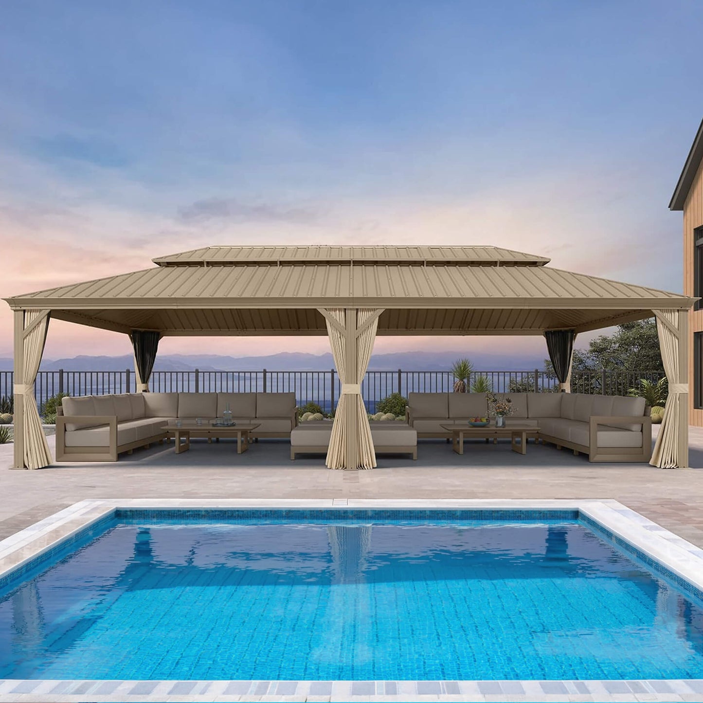 14FT x 28FT Alora Extra-Large Hardtop Gazebo with Galvanized Steel Double Roof, Curtains and Netting