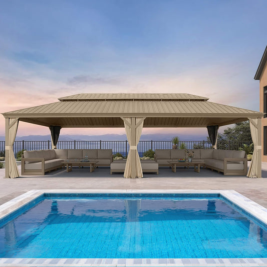 14FT x 28FT Alora Extra-Large Hardtop Gazebo with Galvanized Steel Double Roof, Curtains and Netting
