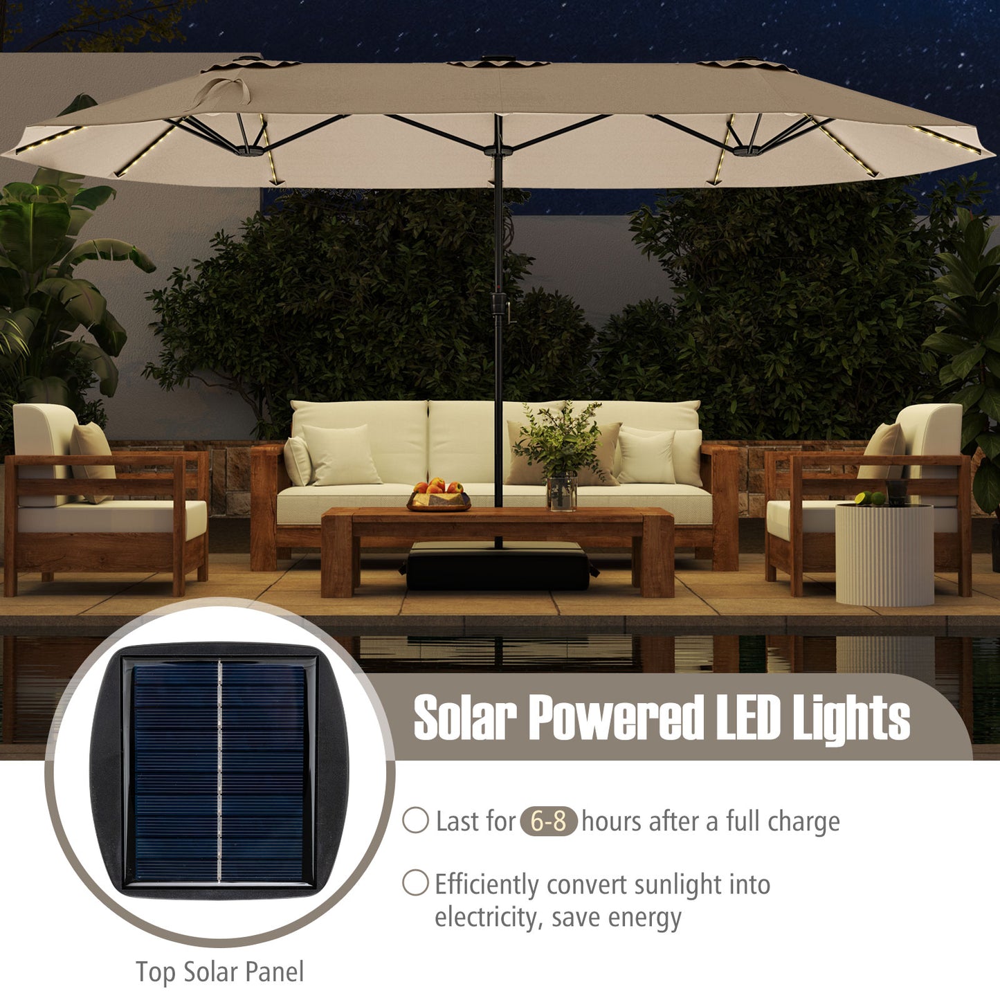 15.5 FT Extra-Large Patio Umbrella with LED Solar Lights and Crank Handle