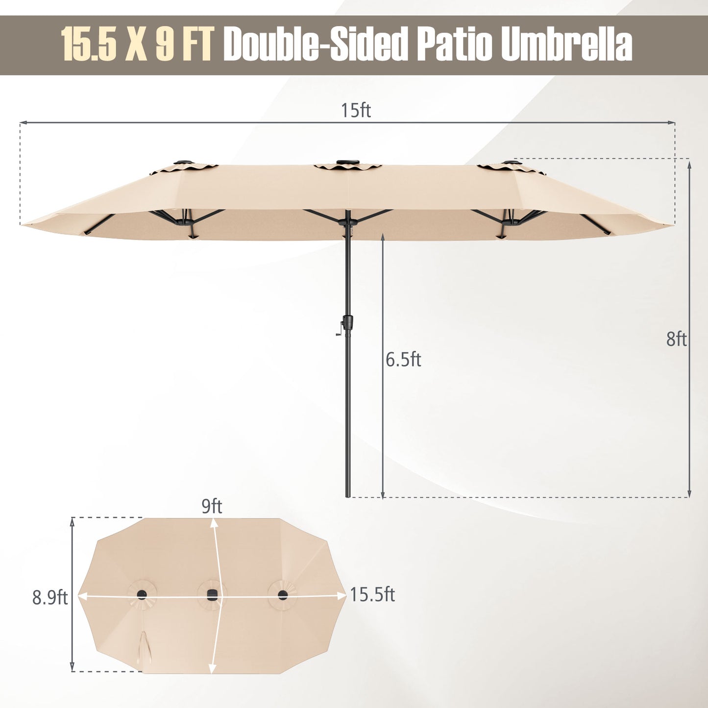 15.5 FT Extra-Large Patio Umbrella with LED Solar Lights and Crank Handle