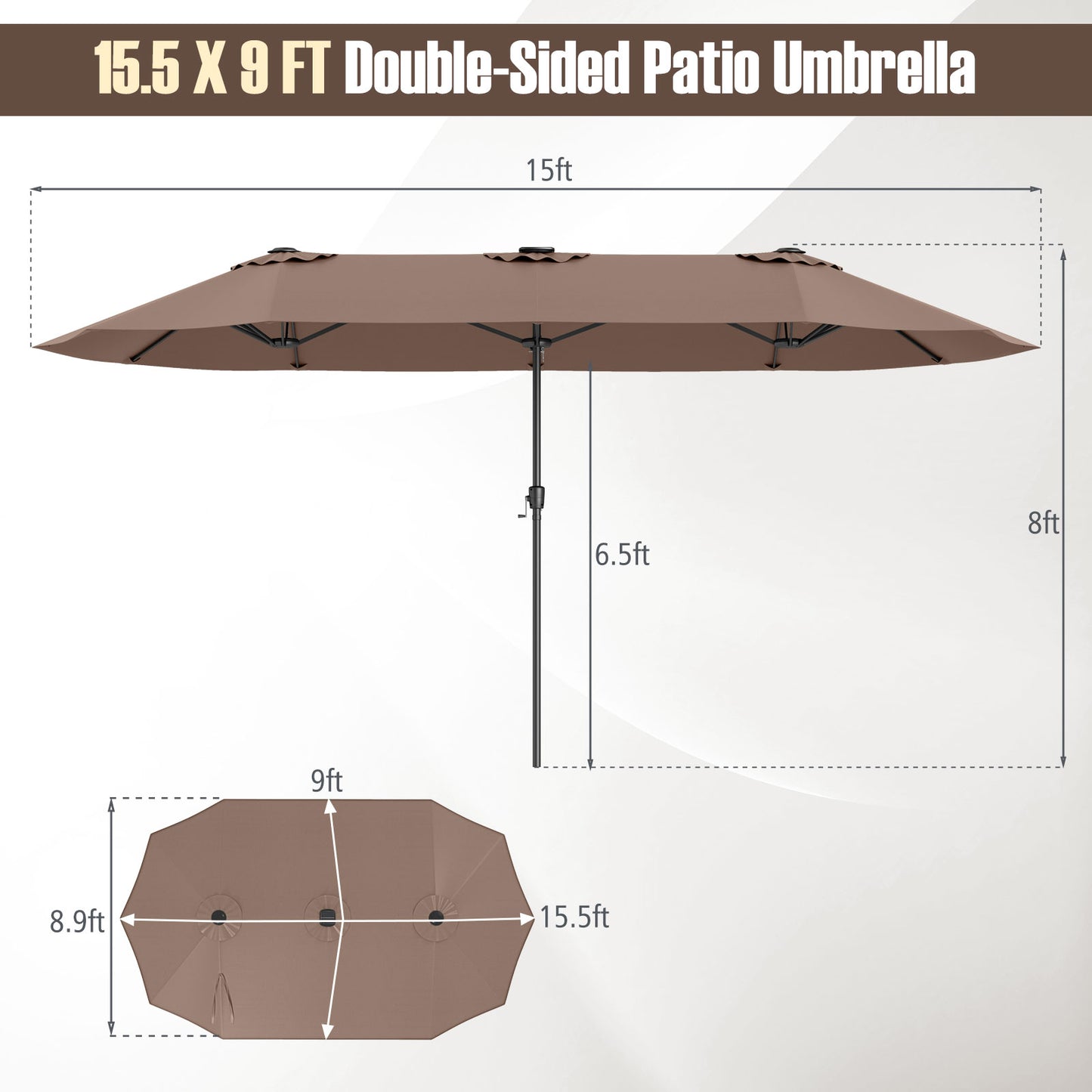 15.5 FT Extra-Large Patio Umbrella with LED Solar Lights and Crank Handle