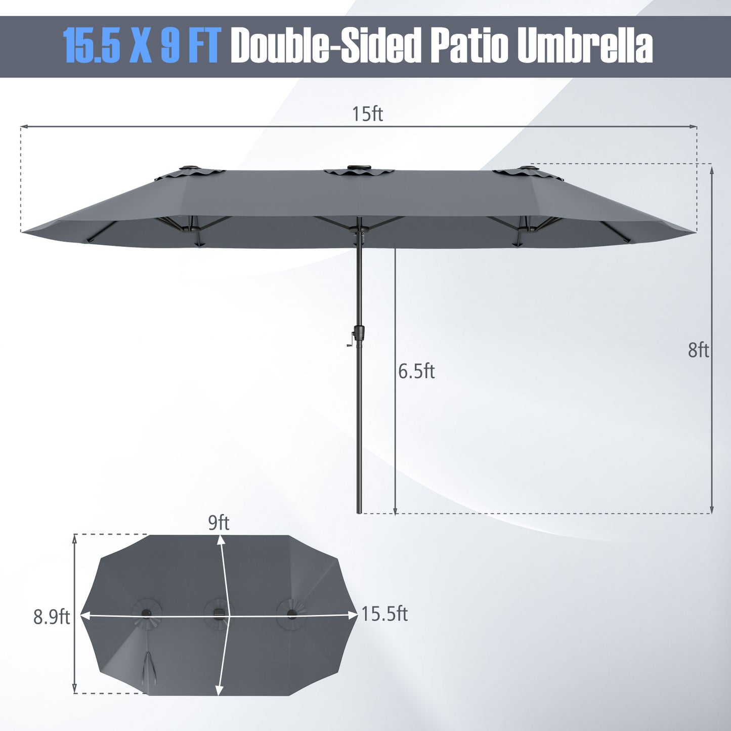 15.5 FT Extra-Large Patio Umbrella with LED Solar Lights and Crank Handle