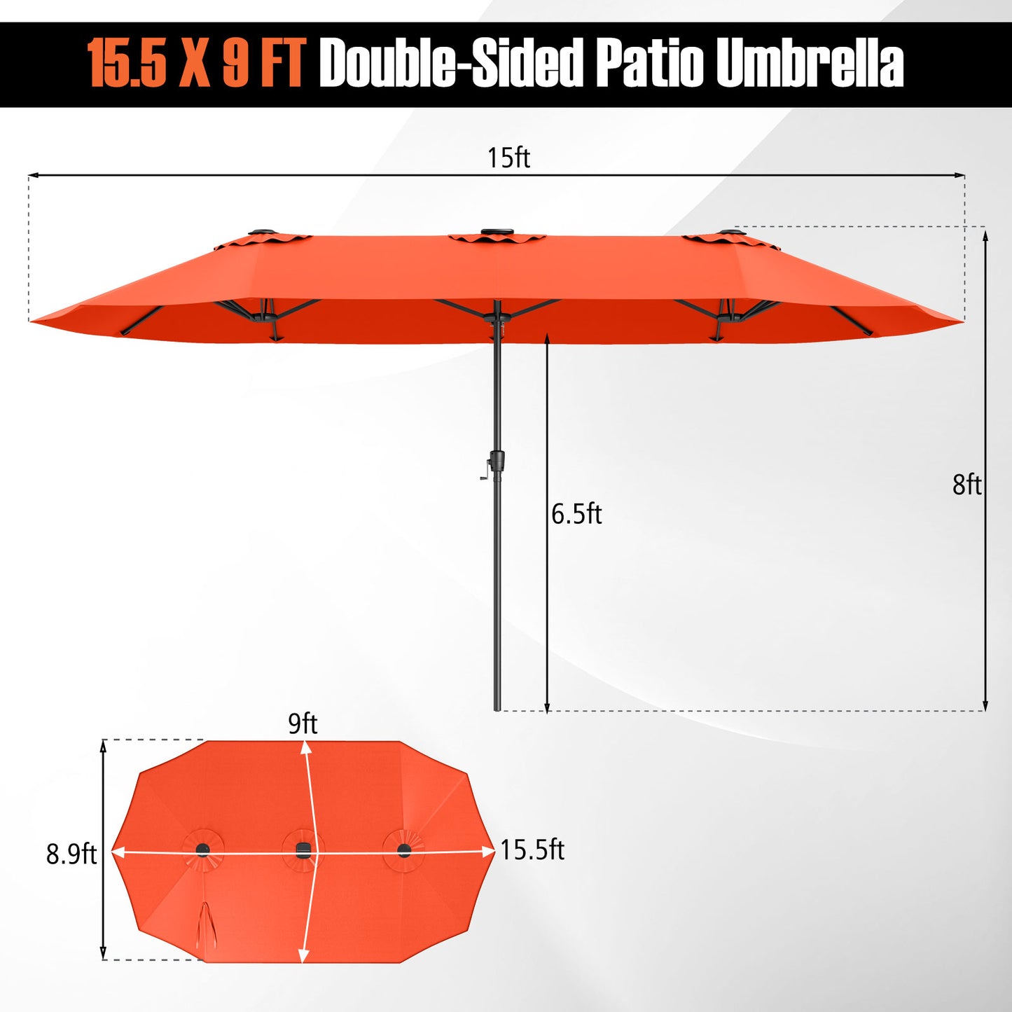 15.5 FT Extra-Large Patio Umbrella with LED Solar Lights and Crank Handle