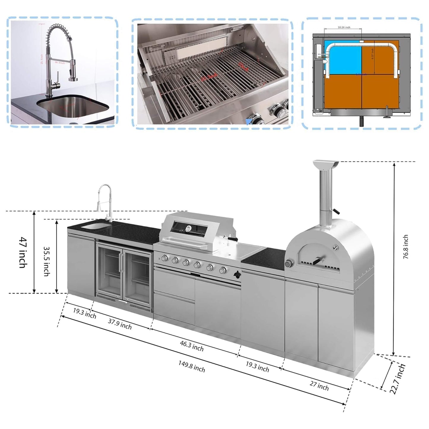 Blazon 150-Inch 4-Burner 108K BTU Outdoor Kitchen Island with Pizza Oven, Rotisserie & Refrigerator